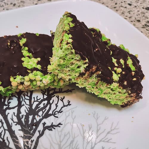 High protein krispy bar covered in hardened chocolate