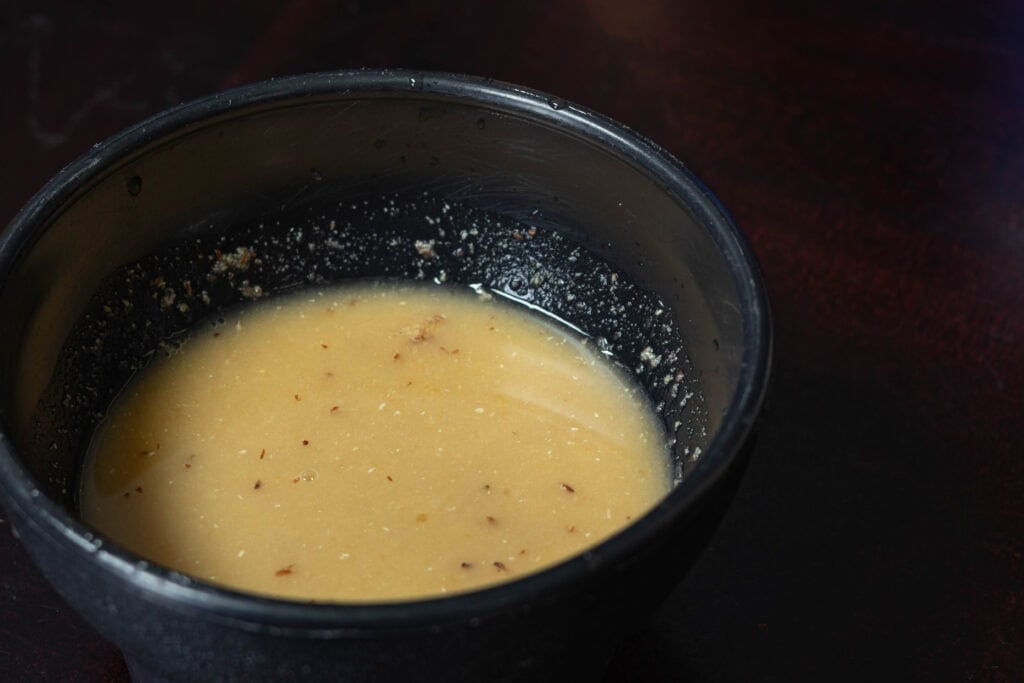 Bowl of orange-y flax goo. (water and ground flax)