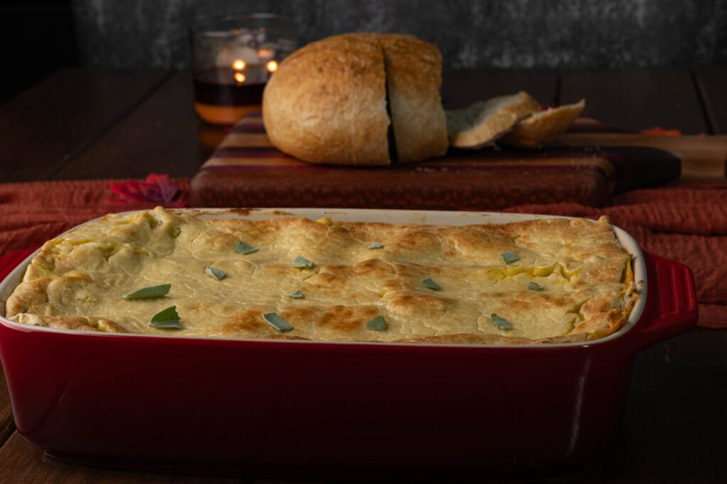 Large casserole dish with butternut squash lasagna.