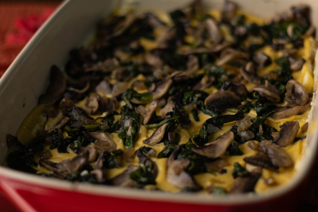 Spinach and mushroom layer of the lasagna.