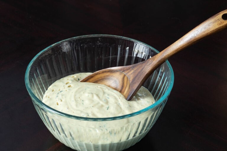 Vegan caesar dressing in a glass bowl.