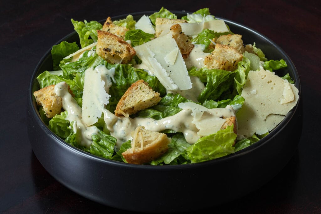 Vegan Caesar Salad in a salad bowl.