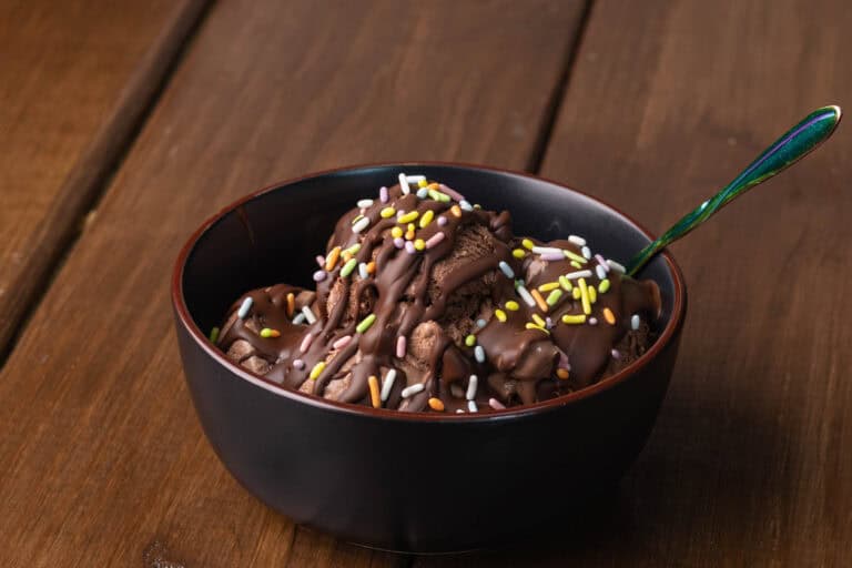 Bowl of chocolate ice cream with instant chocolate hardshell and sprinkles on it.