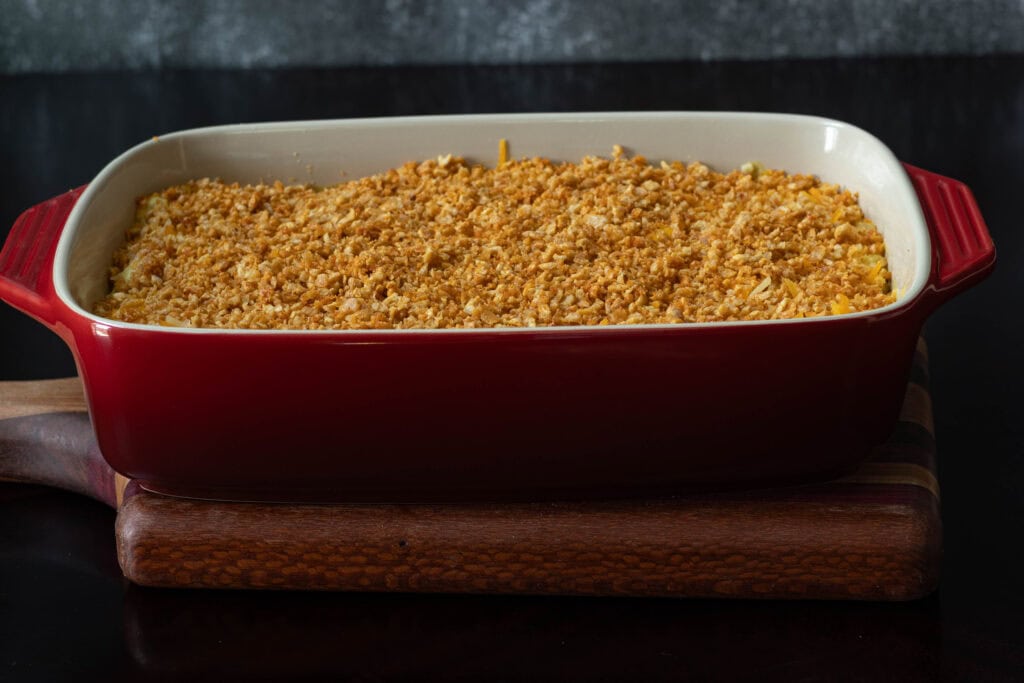 Large casserole dish with high protein mac and cheese.