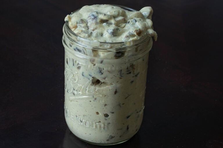 Condensed mushroom soup in a mason jar.