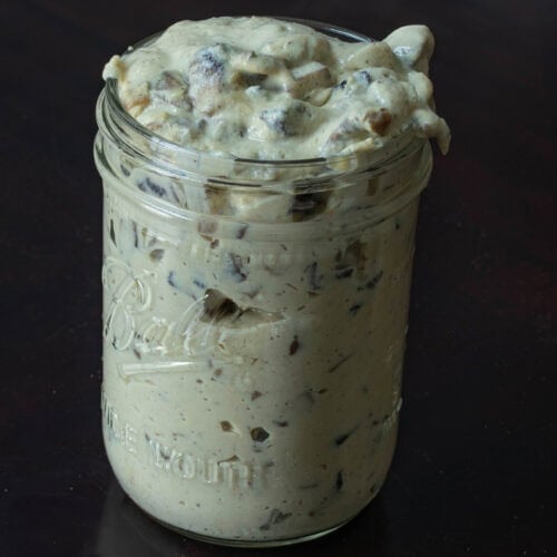 Condensed mushroom soup in a mason jar.