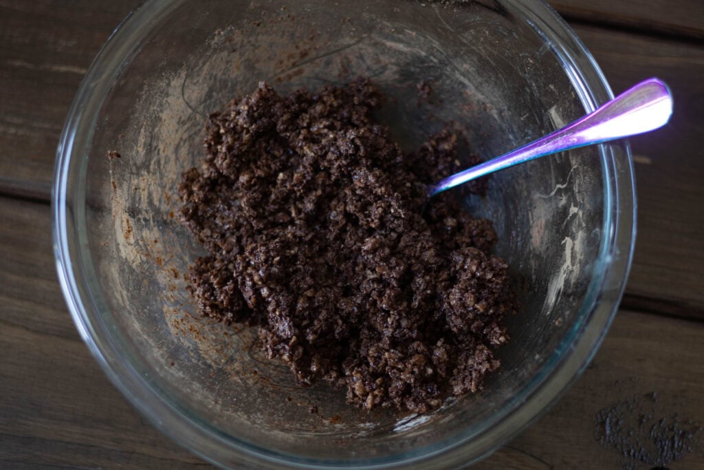 TVP Chocolate Crust mixture in a glass bowl.