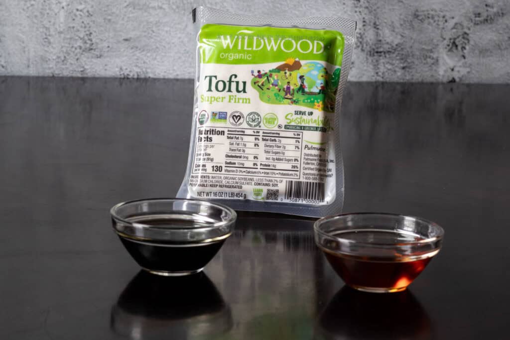 Philly Cheesesteak tofu ingredients - super firm tofu, maple syrup and soy sauce.