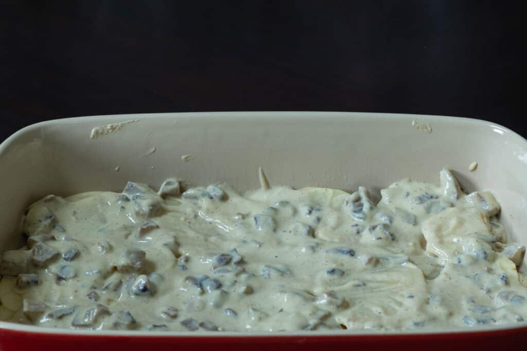 Scalloped potatoes - the mushroom soup layer.