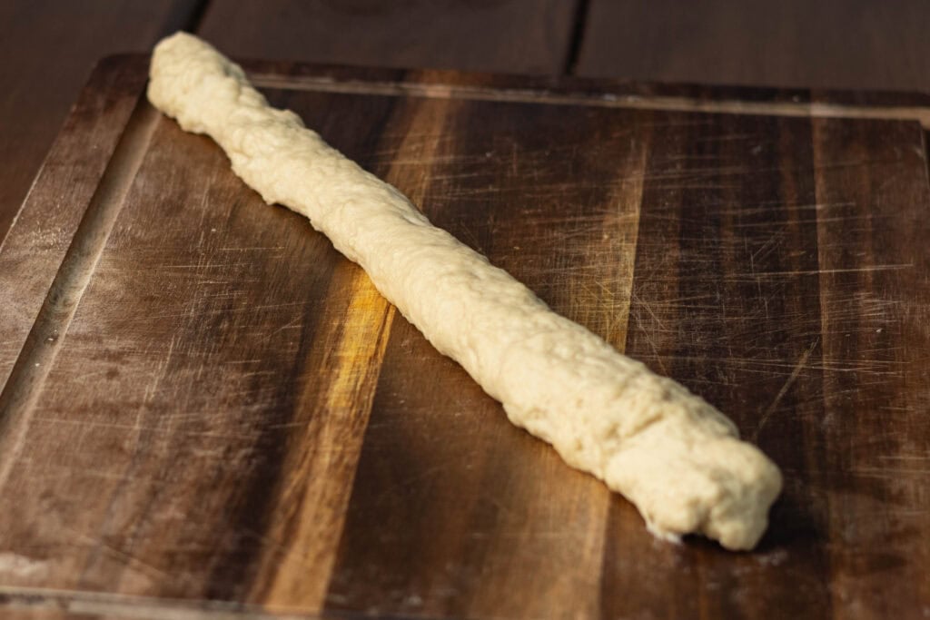 Pretzel dough rolled into a long piece.