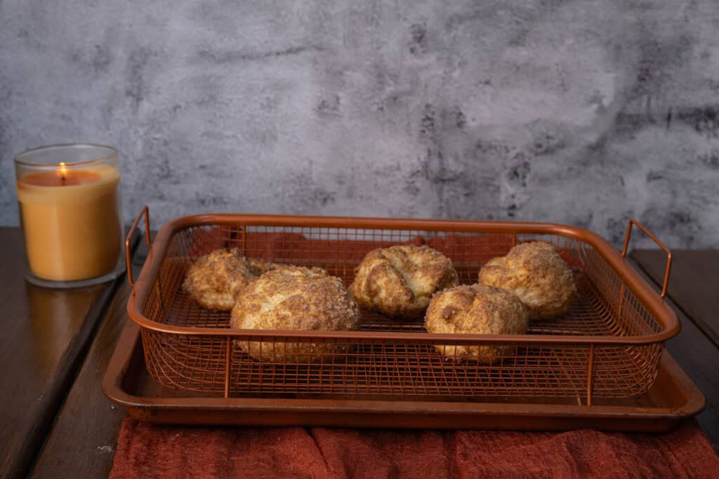 Pumpkin Spice Donut Holes in a crisping tray.