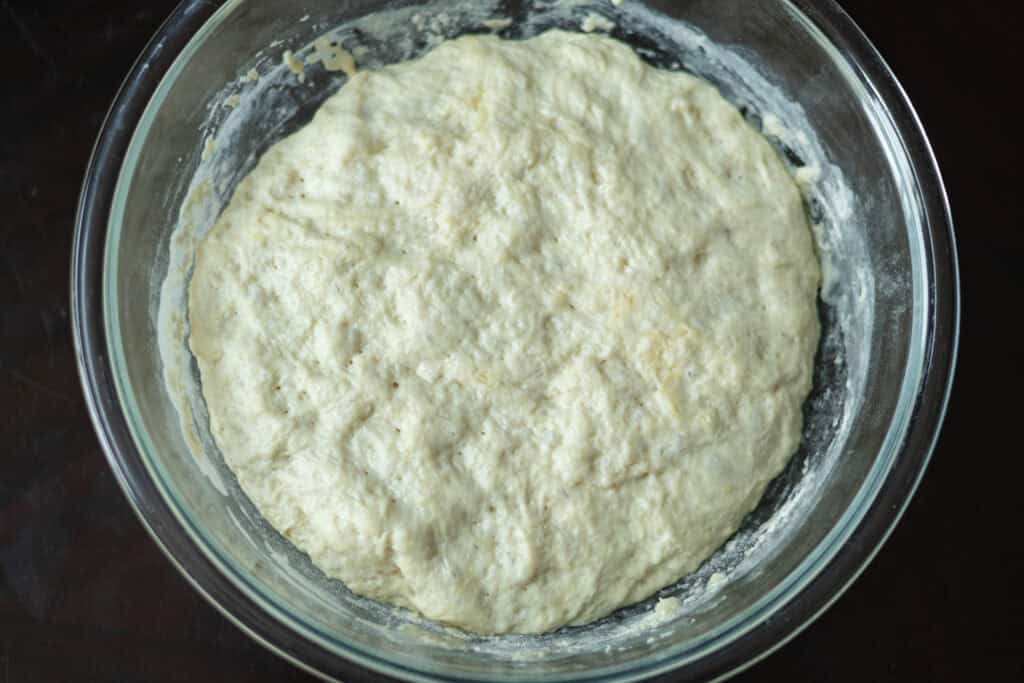 Pizza dough after first proof.