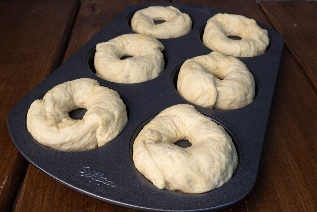 Unbaked bagels in a donut tray.
