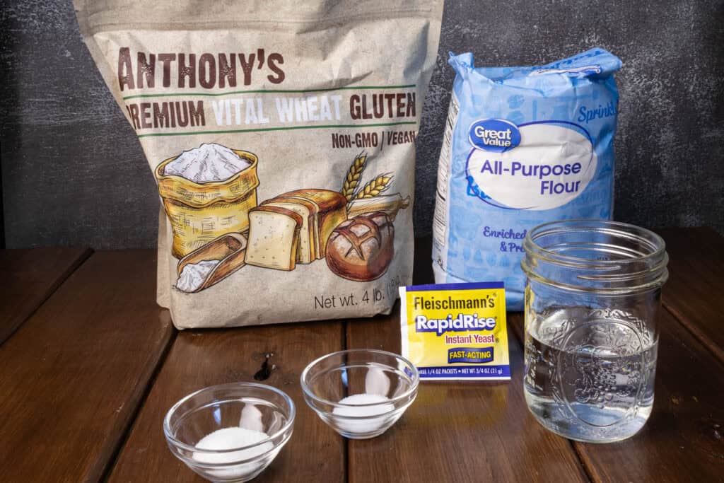 High protein bagel ingredients - vital wheat gluten, all purpose flour, water, instant yeast, sugar and salt.