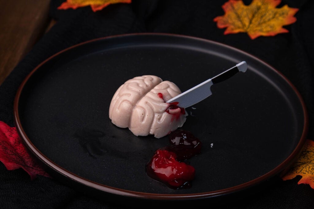 Brain made of strawberry flavored tofu with cherry filling.