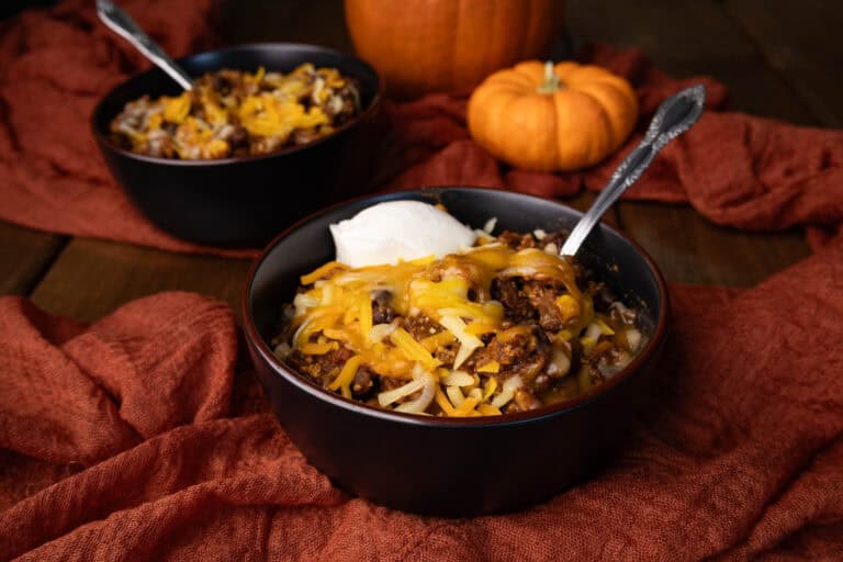 Two bowls of Vegan Pumpkin Chili.