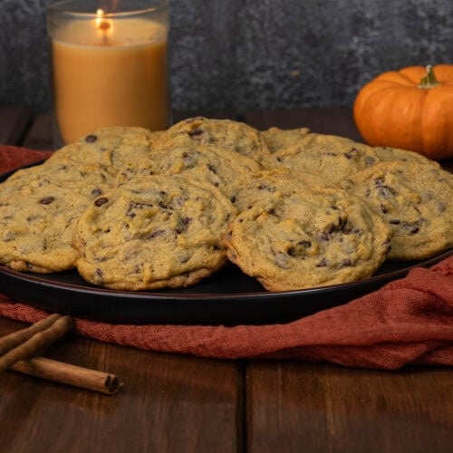 Pumpkin Chocolate Chip Cookies on a Fall decorated table.