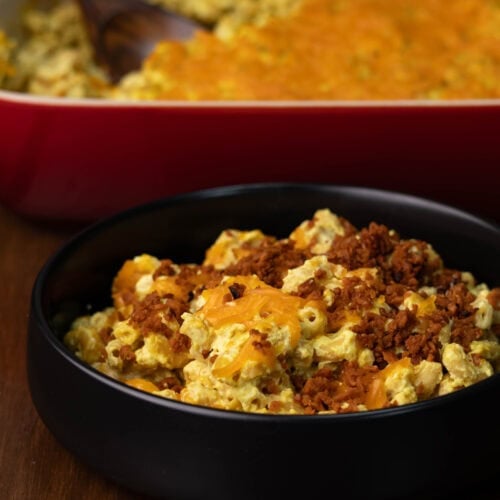 Vegan mac and cheese with TVP bacon bits on top.
