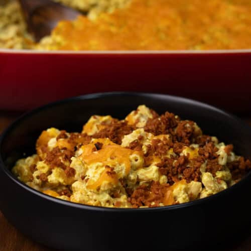 Vegan mac and cheese with TVP bacon bits on top.