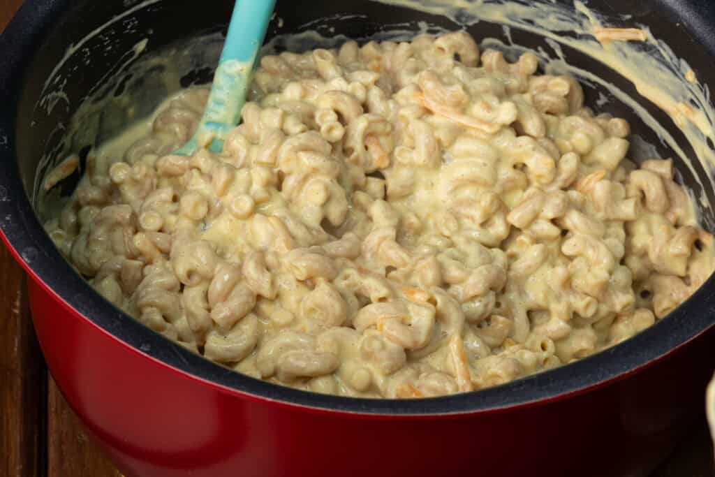 Pot of vegan mac and cheese.