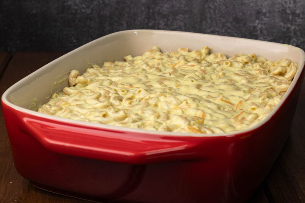 Vegan mac and cheese in a casserole dish.