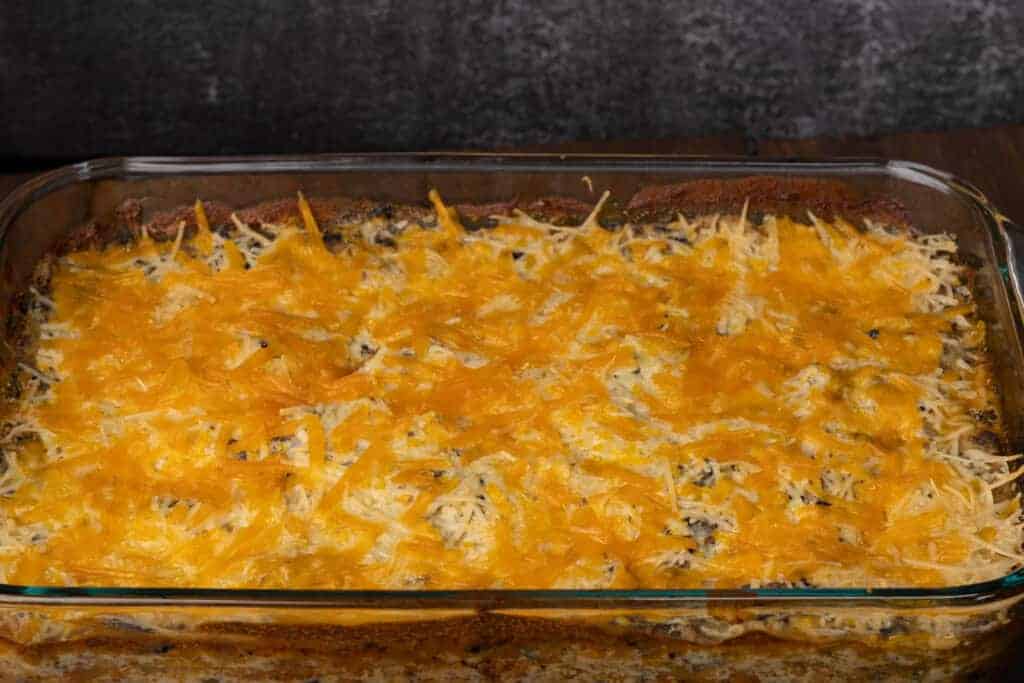 Cooked vegan bacon scalloped potatoes.