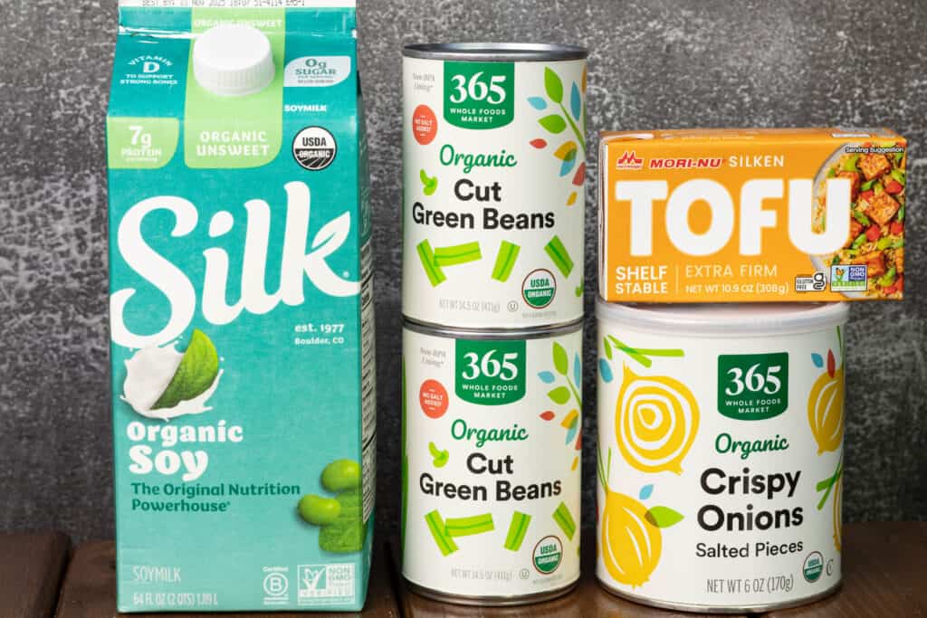 Soy milk, canned green beans, silken tofu and crispy onions.