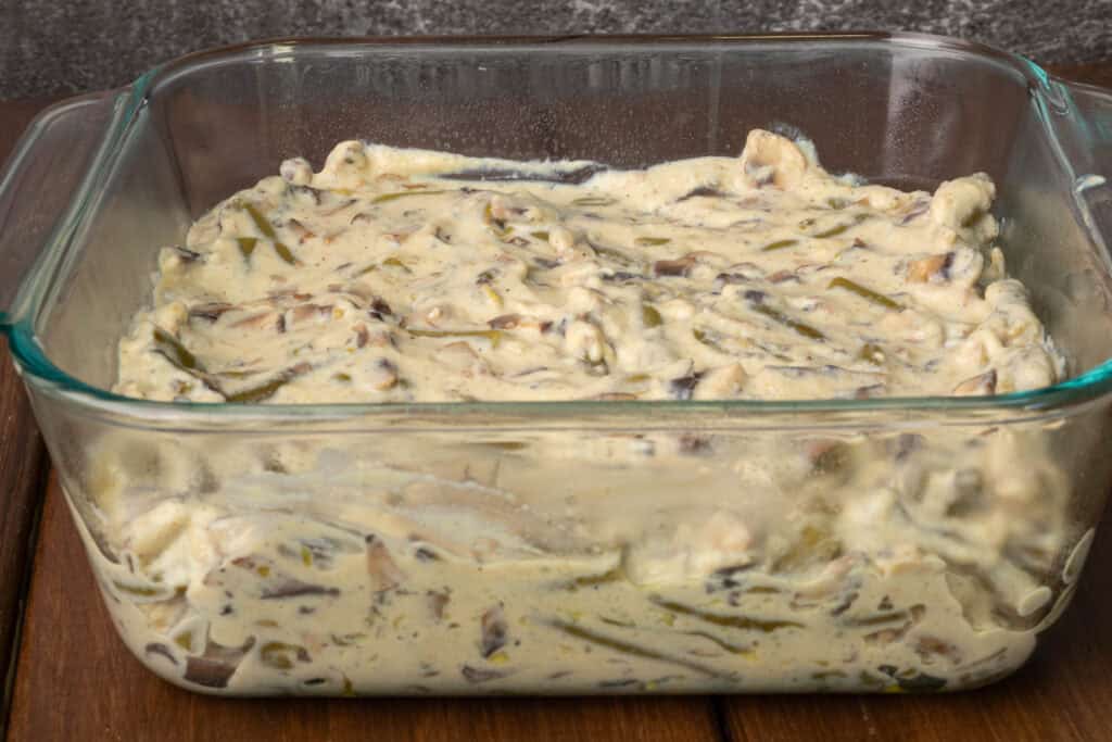 High protein green bean casserole in a baking dish.