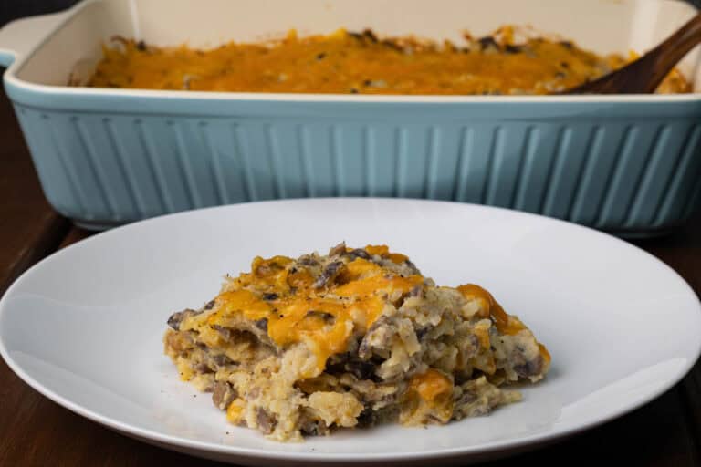 Hashbrown casserole on a plate.