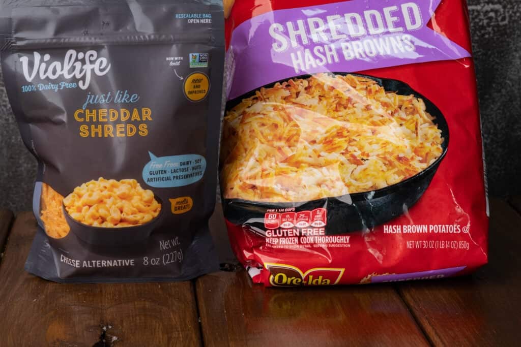 Vegan shredded cheese and frozen hashbrowns.