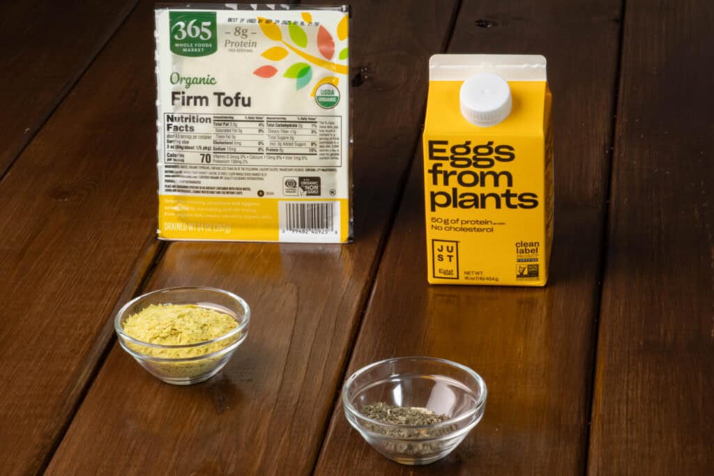 Firm tofu, Just egg liquid, nutritional yeast and spices.