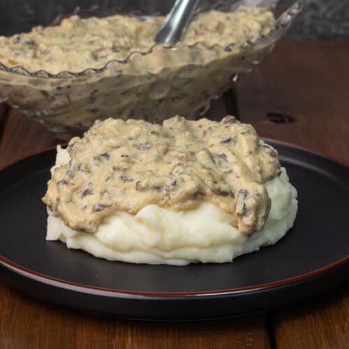 Mashed potatoes with mushroom gravy.