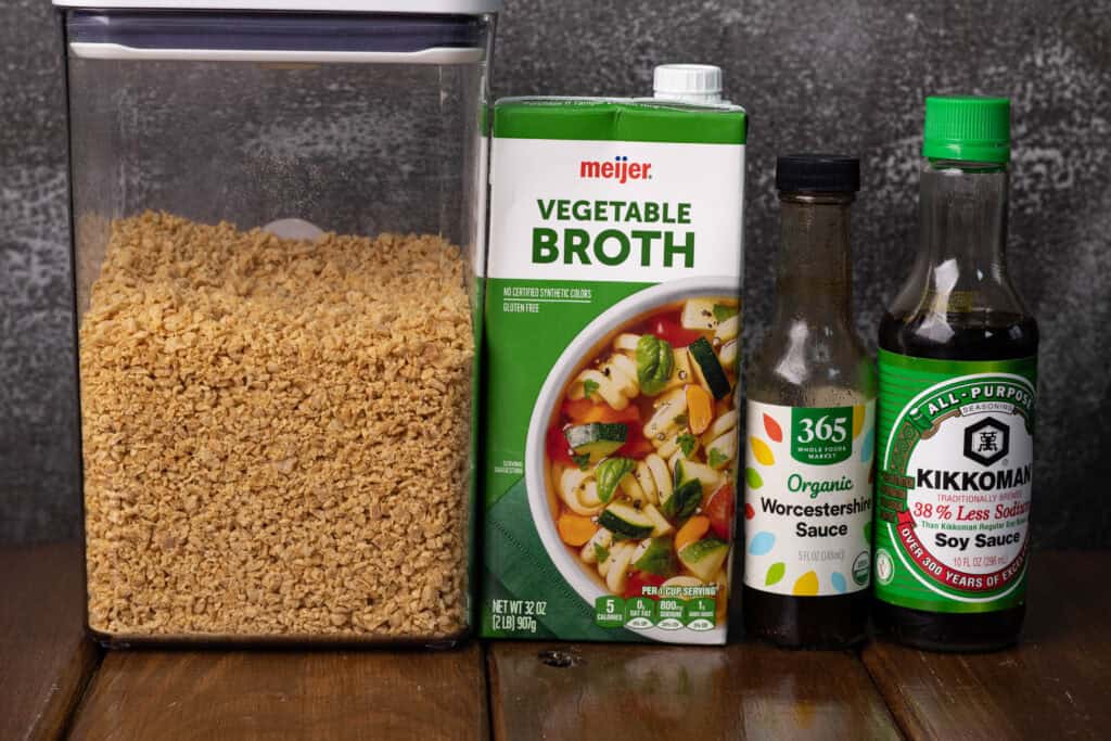 TVP, vegetable broth, vegan worcestershire sauce, and soy sauce.