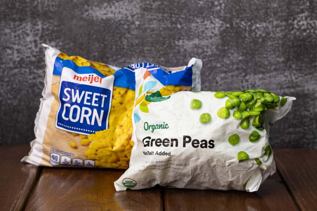 Frozen corn and green peas.
