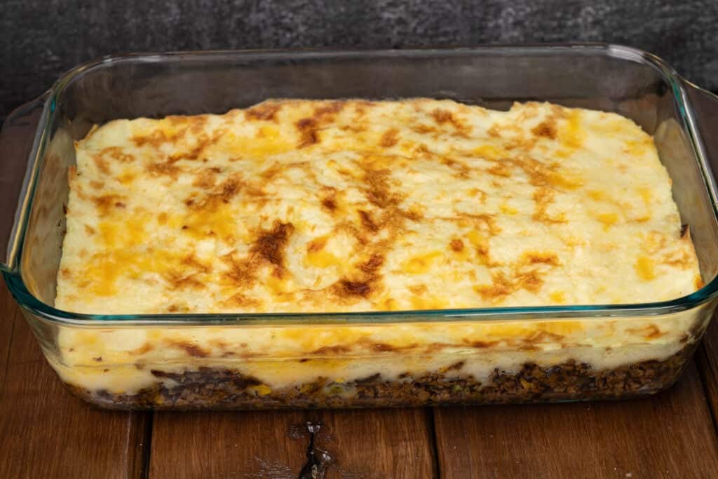 Cooked and browned vegan Shepherd's Pie.