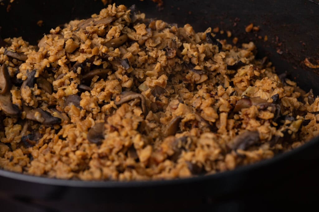 Cooked TVP, mushrooms, onions and garlic.