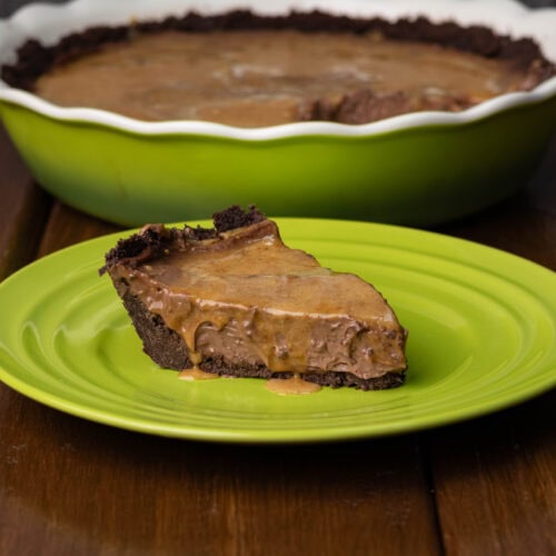 Chocolate silken pie with a peanut butter glaze.