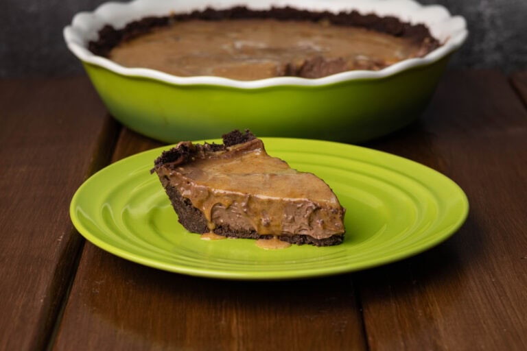 Chocolate silken pie with a peanut butter glaze.