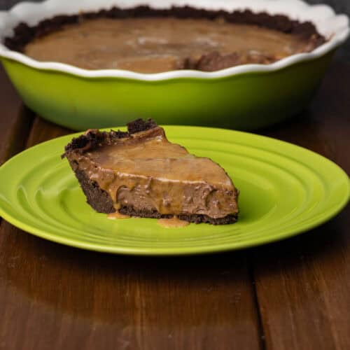 Chocolate silken pie with a peanut butter glaze.