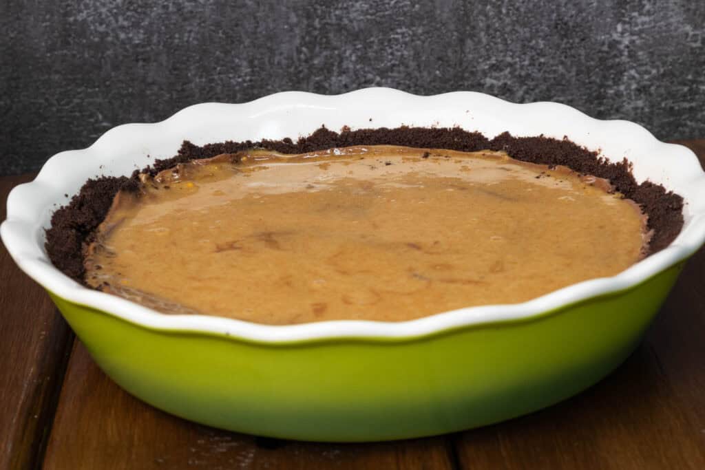 Chocolate silken pie with a peanut butter glaze.