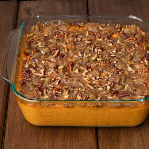 Sweet potato casserole with brown sugar and pecan topping.