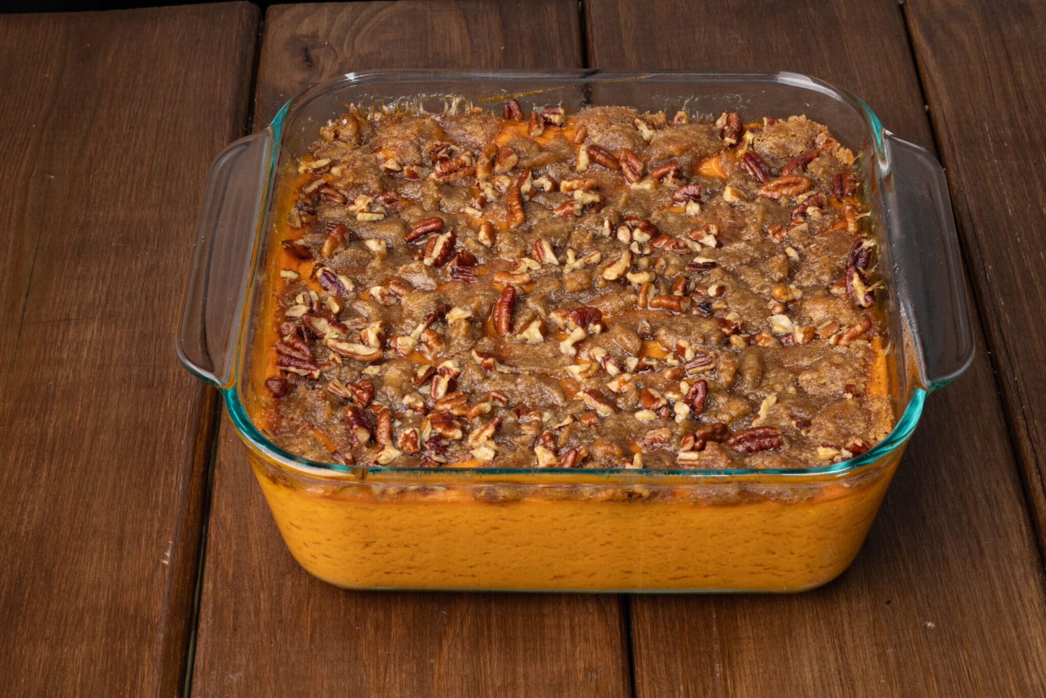 Sweet potato casserole with brown sugar and pecan topping.