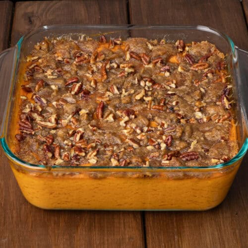 Sweet potato casserole with brown sugar and pecan topping.