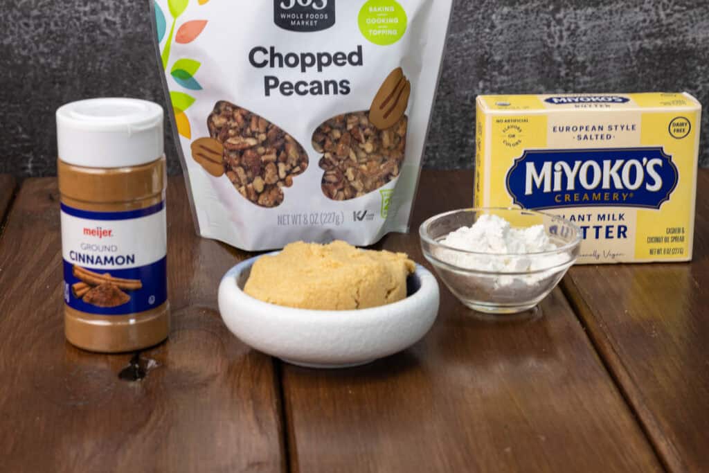 Chopped pecans, cinnamon, brown sugar, flour and butter.