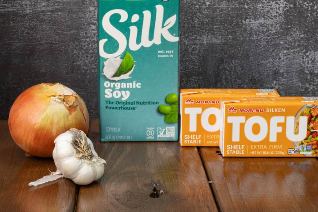 Onion, garlic, soy milk and silken tofu.