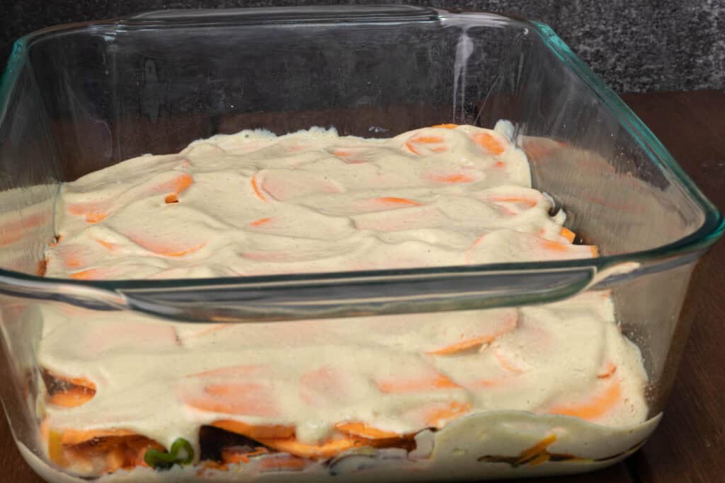 Sweet potato gratin - silken tofu sauce layer.