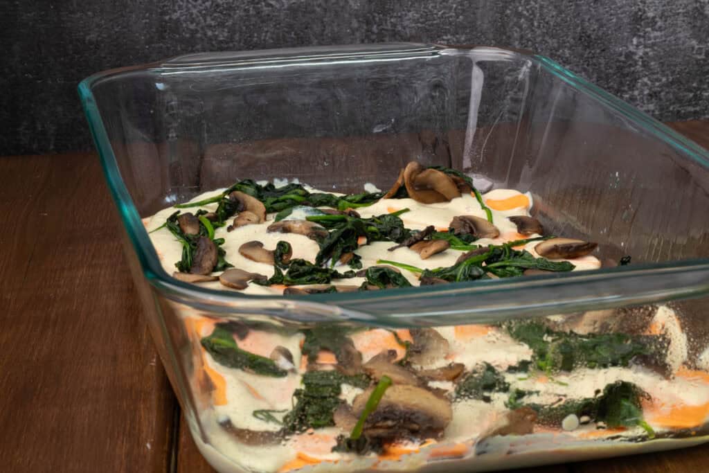 Sweet potato gratin - spinach and mushroom layer.