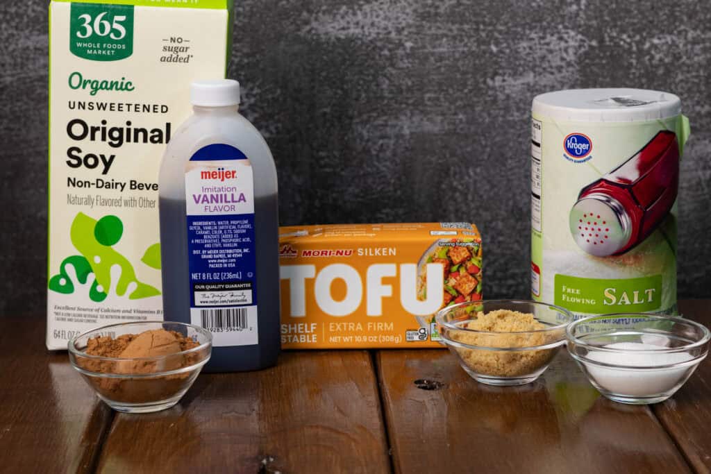 Soy milk, cocoa powder, vanilla, silken tofu, brown sugar, sugar and salt.