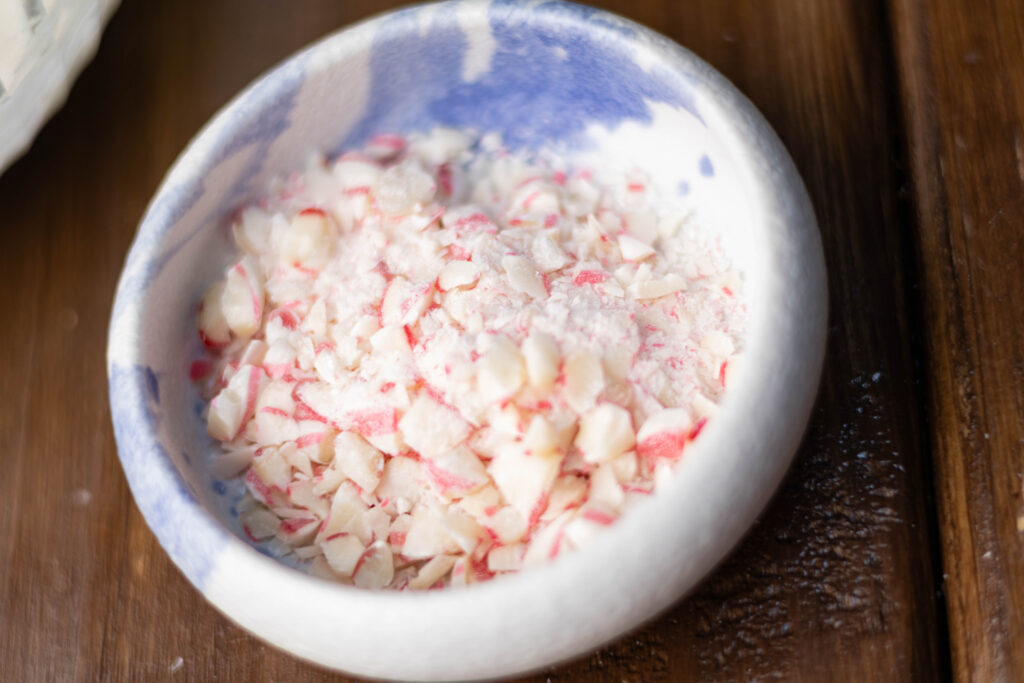 A small dish of crushed candy cane.