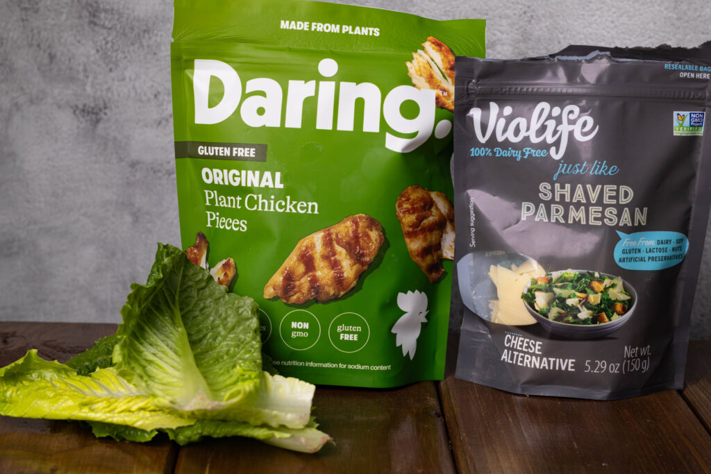 Romaine lettuce, Daring plant chicken, and vegan parmesan.